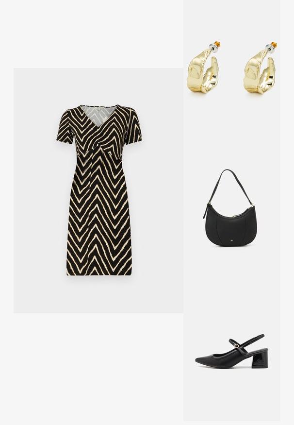 Kurzärmliges Kleid in Schwarz mit einem cremefarbenen Zickzackmuster, das über einen V-Ausschnitt und Raffung am Bust kombiniert ist, aus weichem Stoff gefertigt.; Schwarze Lackleder-Slingback-Absätze mit spitzer Zehenform, einem runden Ausschnitt-Design und einem Blockabsatz. Mit einem goldfarbenen Schnallenakzent.; Schwarze Lederhandtasche mit geschwungenem Design, strukturiertem Material, vorderen Nähten und einem Logo in Goldtönen. Verfügt über einen einzelnen verstellbaren Tragegurt.; Goldfarbene Ohrringe in Form abstrakter Hände, mit einer glänzenden Oberfläche, filigranen Details und einem Silber- und Goldstift für sicheren Halt.