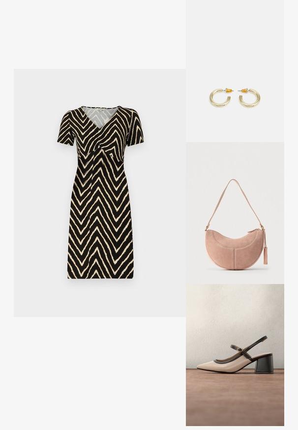 Kortebloemige jurk in zwart met een crèmekleurig zigzagpatroon, met een V-hals en plooidetail bij de buste, gemaakt van zachte stof.; Beige slingback pump met hoge hak, puntige neus, zwarte bies en gespsluiting. Glad materiaal met een matte afwerking, middelhoge blokhak.; Roze suède handtas met een gebogen, halve maanvorm, een enkele band en een ritssluiting. Heeft gestikte details en een kwastaccent.; Gouden hoepel oorbellen met een zachte, ronde vorm en een gepolijste afwerking. Kenmerkt oranje accenten aan de achterkant voor een veilige bevestiging.