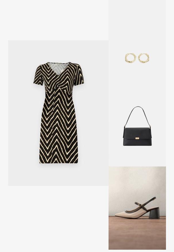 Kurzärmliges Kleid in Schwarz mit einem cremefarbenen Zickzackmuster, das über einen V-Ausschnitt und Raffung am Bust kombiniert ist, aus weichem Stoff gefertigt.; Beiger Slingback-Pumps mit spitz zulaufender Schuhspitze, schwarzem Besatz und Schnallendetail. Glattes Material mit matter Oberfläche, mittelhoher Blockabsatz.; Schwarze Handtasche aus strukturiertem Material mit einer klaren Form. Sie verfügt über einen Klappenverschluss, einem goldfarbenen Hardware-Detail und einem einzelnen Griff.; Goldene Creolen mit einer strukturierten, unregelmäßigen Form. Sie verfügen über einen nahtlosen Verschluss und eine polierte Oberflächenbehandlung, die ein modernes Design betont.