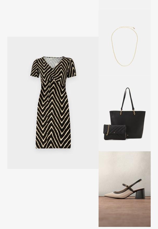 Kurzärmliges Kleid in Schwarz mit einem cremefarbenen Zickzackmuster, das über einen V-Ausschnitt und Raffung am Bust kombiniert ist, aus weichem Stoff gefertigt.; Beiger Slingback-Pumps mit spitz zulaufender Schuhspitze, schwarzem Besatz und Schnallendetail. Glattes Material mit matter Oberfläche, mittelhoher Blockabsatz.; Schwarze Taschen aus Kunstleder mit zwei stabilen Griffen und goldfarbener Hardware, kombiniert mit einer kleinen gepolsterten schwarzen Clutch mit einer Kettenriemen.; Halskette aus goldfarbenem Metall mit einem schlanken, gedrehten Design, einem Verschluss und verstellbarer Länge. Glatte Textur und glänzende Oberfläche.