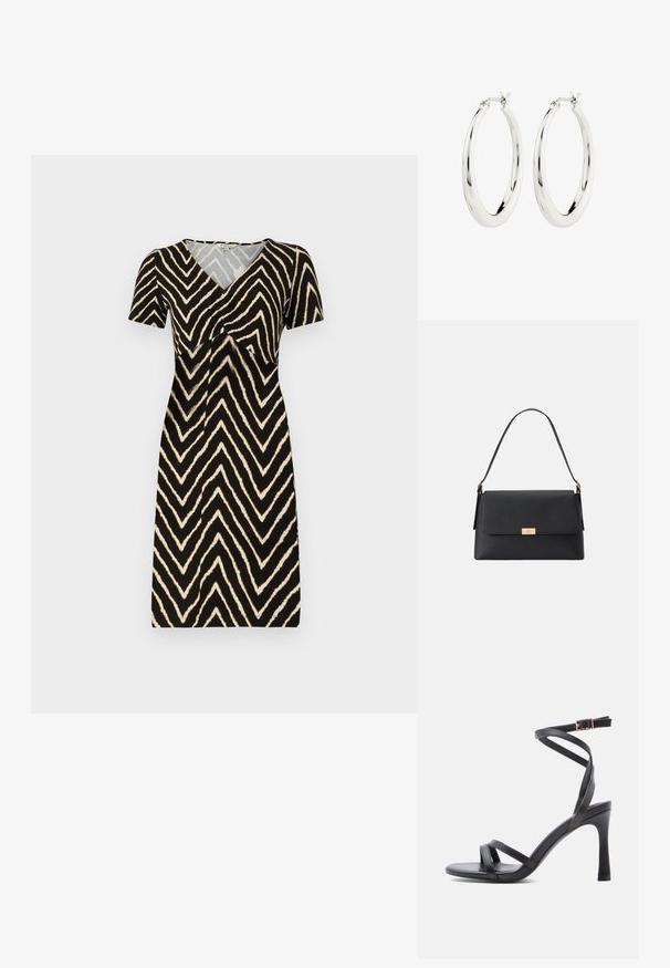 Vestido de manga corta en negro con un patrón de zigzag en crema, con escote en V y detalle fruncido en el busto, hecho de un tejido suave.; Sandalias negras de tacón alto con un diseño elegante, que cuentan con dos tiras estrechas sobre los dedos y una correa cruzada en el tobillo con hebilla.; Bolso de mano negro hecho de un material texturizado con una forma estructurada. Presenta un cierre de solapa, un acento en tono dorado y un asa sencilla.; Pendientes de aro de plata con un acabado suave y brillante. Forma circular, con un cierre seguro. Diseño sencillo y elegante.