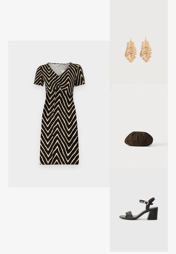Vestido de manga corta en negro con un patrón de zigzag en crema, con escote en V y detalle fruncido en el busto, hecho de un tejido suave.; Sandalias de tacón de cuero negro con una cinta ancha en la parte del dedo del pie y un acento de hebilla en la correa del tobillo. Tacón rectangular grueso.; Boina de tela marrón texturizada con un sutil patrón de encaje floral, recogida en la parte superior, descansando sobre una superficie blanca.; Par de pendientes de metal en tono dorado con forma de hojas de helecho estilizadas, con textura acanalada detallada, presentados sobre un fondo blanco liso.