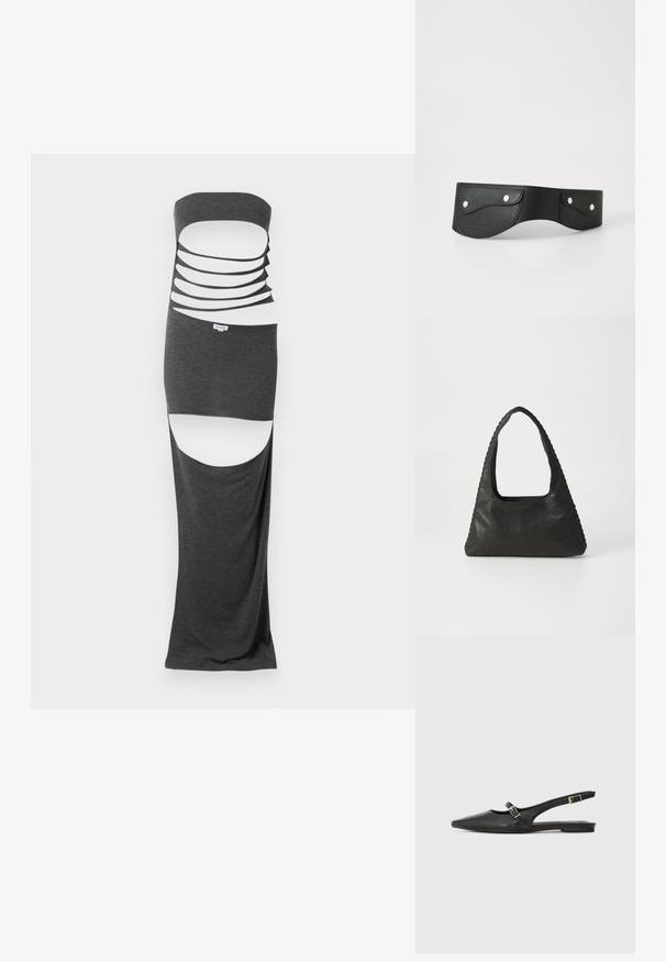 Maxi-jurk met uitsnijdingen in donkergrijze stof, met een strapless ontwerp, meerdere horizontale uitsnijdingen en zijsplitten. Soepele textuur.; Zwarte leren slingback schoenen met een spitse neus, voorzien van een smalle band en een zilveren gesp aan de zijkant. Platte zool.; Zwart leren handtas met een triangulaire vorm, een grote uitsparingshandgreep en gedetailleerde stiksels langs de randen. Glad textuur.; Zwarte leren riem met twee ronde zakken, vastgezet met zilveren drukknoopjes. Glad oppervlak, licht gebogen ontwerp.