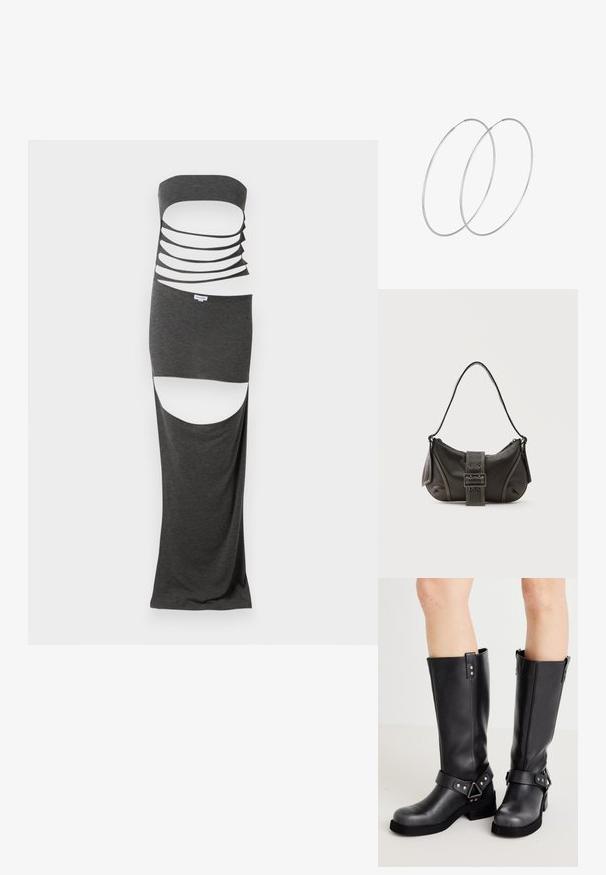 Robe maxi découpée en tissu gris foncé, dotée d'un design sans bretelles avec plusieurs découpes horizontales et fentes sur les côtés. Texture lisse.; Bottes en cuir noir à hauteur de genou avec une tige large, des détails à lanière, une quincaillerie en argent et une semelle plate. Texture lisse avec un léger éclat.; Sac à épaule en cuir noir avec une sangle à boucle, des bords arrondis et des coutures blanches contrastées sur un fond uni.; Boucles d'oreilles en argent au design minimaliste. Forme circulaire, texture lisse et profil fin. Légères avec une finition polie.