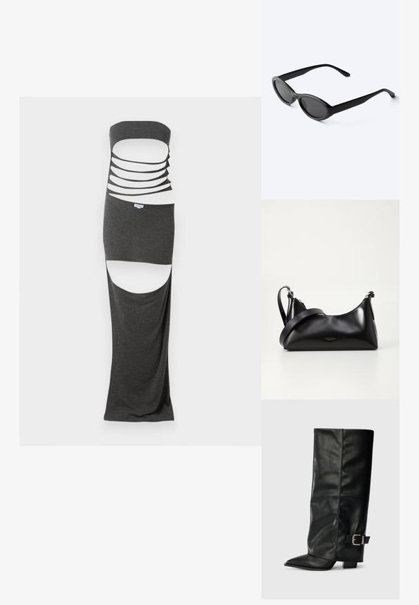 Robe maxi découpée en tissu gris foncé, dotée d'un design sans bretelles avec plusieurs découpes horizontales et fentes sur les côtés. Texture lisse.; Bottes noires en cuir longueur cheville avec un bout pointu, texture lisse et une accent en boucle argentée sur le côté. Talon carré épais.; Lunettes de soleil ovales noires et élégantes avec des verres foncés et des branches droites, posées sur une surface blanche.; Sac à main en cuir noir avec une texture lisse. Dispose d'une bandoulière adjustable et d'un design élégant et minimaliste avec une fermeture éclair.