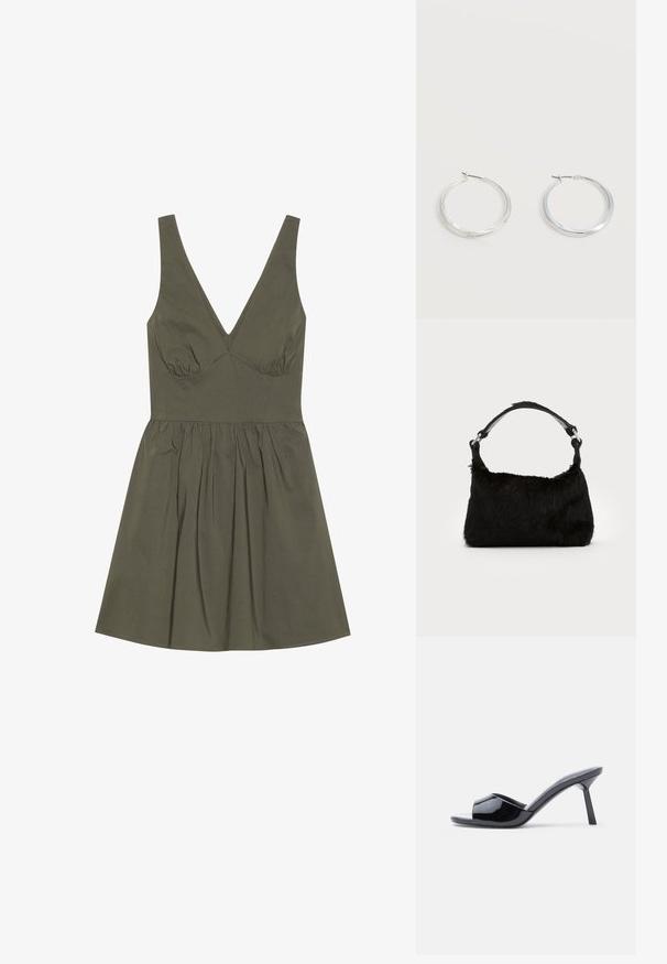 Vestido sin mangas de color verde oliva con escote en V, corsé ajustado y cintura fruncida, que presenta una falda acampanada y una textura de tela suave.; Sandalias de tacón con punta abierta de charol negro, con un diseño superior curvado y tacón de aguja cónico. Acabado liso y brillante.; Bolso de mano de piel sintética negra con una textura suave, forma redondeada y una resistente correa de cuero negro para el hombro. Acentos de herrajes plateados visibles.; Pendientes de aro de metal plateado con superficie lisa y ligeramente curvada y cierre de tipo mosquetón sobre un fondo blanco liso.