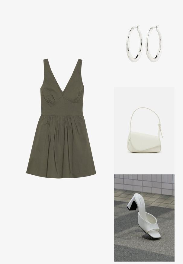 Vestido sin mangas de color verde oliva con escote en V, corsé ajustado y cintura fruncida, que presenta una falda acampanada y una textura de tela suave.; Un mule blanco de punta abierta con tacón cuadrado, sobre asfalto gris frente a una pared con azulejos.; Bolso de mano de imitación cuero blanco con una forma triangular estructurada, correa ajustable única y cierre con solapa acentuada en curva.; Pendientes de aro de plata con un acabado suave y brillante. Forma circular, con un cierre seguro. Diseño sencillo y elegante.