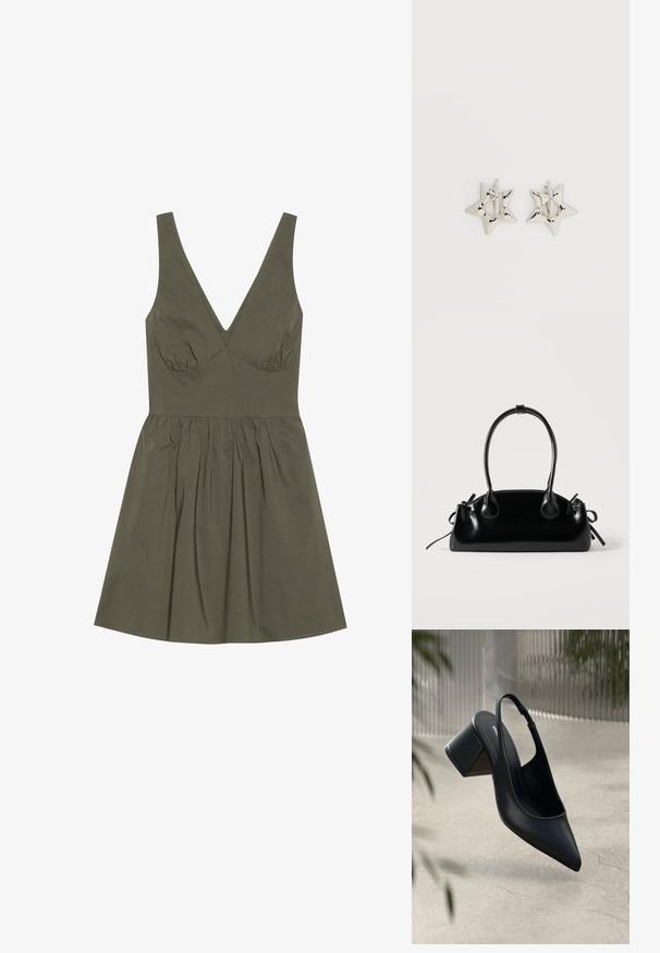 Robe sans manches vert olive avec un décolleté en V, corsage ajusté et taille froncée, dotée d'une jupe évasée et d'une texture de tissu lisse.; Escarpin noir en cuir avec un bout pointu et un talon bloc. Texture lisse, design minimaliste et bride de cheville réglable.; Petit sac à main noir brillant avec deux longues anses et des détails à cordon sur les côtés sur un fond clair uni.; Boucles d’oreilles créoles en forme d’étoile argentée avec une finition lisse et polie sur un fond blanc uni.