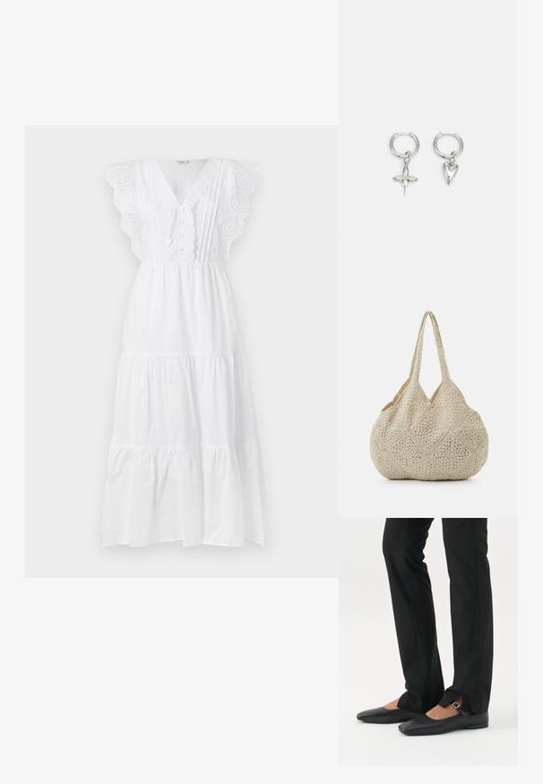 Robe maxi en coton blanc avec des manches en dentelle à bords festonnés, un décolleté en V, des détails en boutons et un design de jupe à plusieurs niveaux. Texture lisse sur l'ensemble.; Jambes vêtues d’un pantalon slim noir avec des fentes à l’avant de l’ourlet, assorties à des chaussures plates Mary Jane noires avec une petite bride à boucle.; Even&Odd Cabas - off-white; Boucles d'oreilles en argent en forme de cerceau avec un charme croix et cœur. Texture lisse et brillante avec une finition polie. Chaque charmepend d'une boucle sécurisée.