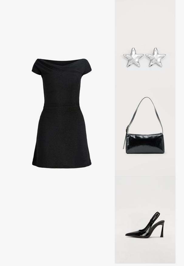 Schwarzes, kurzärmeliges Kleid mit tailliertem Schnitt und dezentem Bootsausschnitt, knielang mit leicht ausgestellt Rock.; Schwarze Lackleder Slingback-Pumps mit spitzem Zehenbereich, schlankem hohen Absatz und doppeltem elastischen Riemen für einen sicheren Sitz. Glatte, glänzende Oberfläche.; Schwarze rechteckige Schultertasche mit einem verstellbaren Riemen und einem oberen Reißverschluss vor einfachem Hintergrund.; Silberne sternförmige Ohrringe mit einer polierten, glänzenden Oberfläche. Jeder Ohrring hat fünf Spitzen und dezente Oberflächentexturdetails.