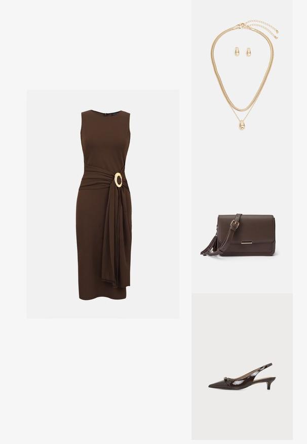 Robe midi marron foncé sans manches avec un tissu drapé rassemblé à la taille, maintenu par une grande boucle ovale en or.; Chaussure slingback brillante marron foncé à bout pointu, petit talon kitten et petite boucle décorative sur la bride avant.; Sac bandoulière en simili cuir marron avec un rabat, quincaillerie dorée et détail de frange sur le côté. Bandoulière ajustable pour un port polyvalent.; Ensemble de bijoux en or comprenant un collier superposé avec un pendentif en forme de goutte et des boucles d'oreilles créoles assorties, le tout avec une finition polie.