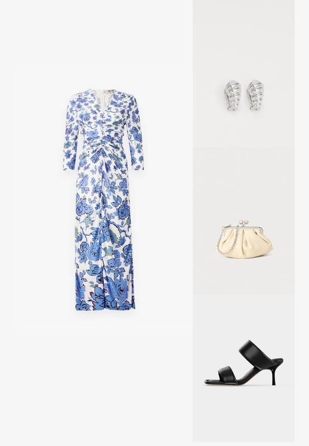 Robe maxi en tissu blanc avec un motif floral bleu, manches longues, détails froncés à la taille et fermeture éclair à l'avant.; Sandale mule en cuir noir avec deux larges brides et un talon stiletto fin de hauteur moyenne sur un fond clair uni.; Pochette en cuir beige plissé avec un cadre en métal argenté, dotée de deux fermoirs ronds décoratifs et d'une chaîne en argent.; Boucles d'oreilles en clip argentées avec un design en spirale, présentant une texture métallique lisse et des formes arrondies. Pas d'embellissements ou de motifs visibles.