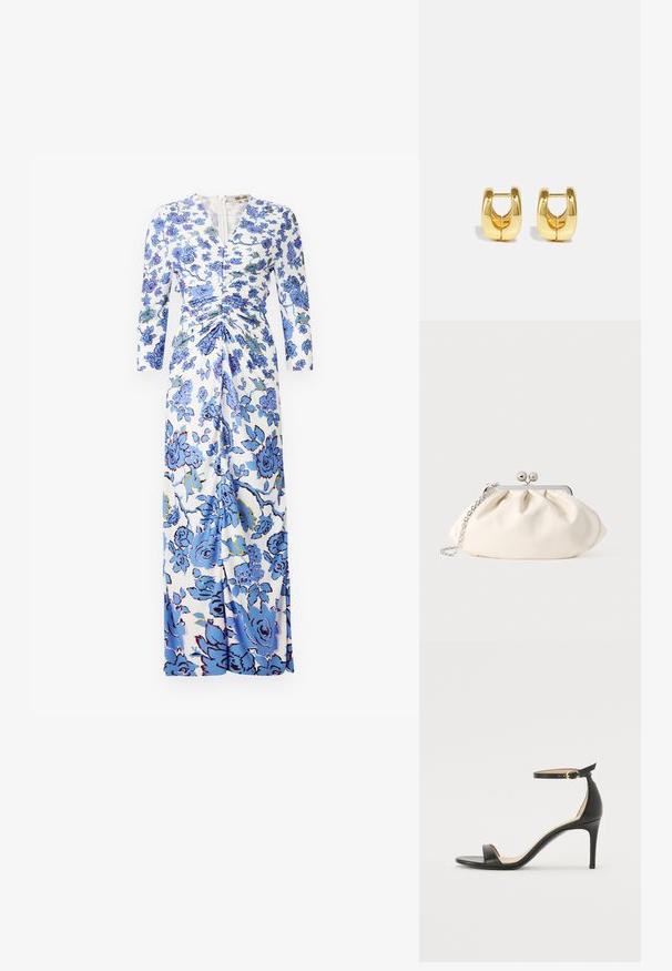 Robe maxi en tissu blanc avec un motif floral bleu, manches longues, détails froncés à la taille et fermeture éclair à l'avant.; Sandale à talons hauts en cuir noir avec une lanière de cheville. Présente une texture lisse, un bout ouvert et un talon fin. Détail de boucle en ton doré.; Pochette en tissu crème avec un design froncé, cadre en métal argenté, deux boules décoratives, et une bandoulière chaîne argentée.; Boucles d'oreilles en or avec un design élégant et arrondi. Présentent un centre creux et une surface brillante, complétant les styles modernes.