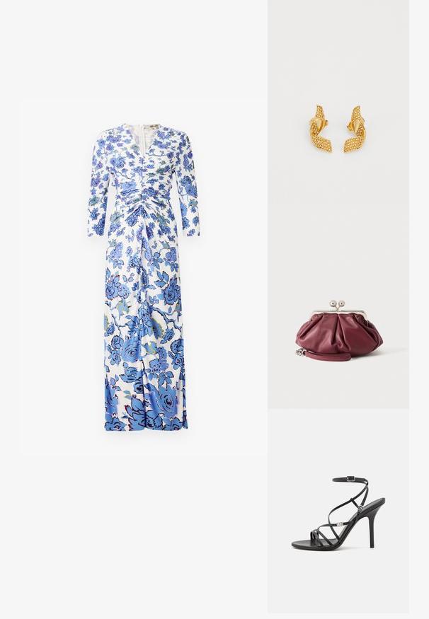 Maxi-jurk van witte stof met een blauw bloemenpatroon, lange mouwen, gerimpelde details bij de taille en een rits aan de voorkant.; Zwarte hoge hakken sandaal met dunne banden, een enkelgesp, een gladleren oppervlak en een slanke stilettohak.; Kleine bordeauxrode leren clutch met zilveren metalen gesp en polsriem op een witte achtergrond.; Gouden oorbellen met een twisted leaf ontwerp, versierd met kleine fonkelende stenen, en met een stekerbevestiging.