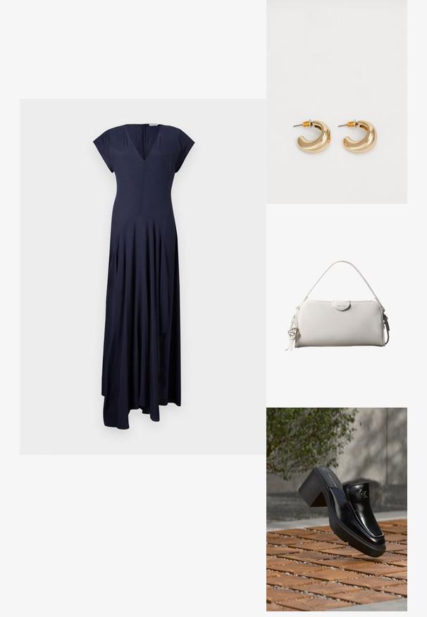 Vestido azul marino, de largo hasta el suelo, con escote en V y mangas cortas. Presenta detalles plisados y una cremallera oculta en la parte posterior. Tejido suave.; Mule tipo slip-on de cuero negro de Calvin Klein con tacón de bloque descansando sobre baldosas de madera al aire libre cerca de una planta verde y una pared gris.; Bolso rectangular blanco de Calvin Klein con un solo asa, diseño minimalista y borlas decorativas con un charm metálico geométrico en el lateral.; Dos pendientes de aro dorados brillantes en un diseño curvado, con acentos naranjas cerca del poste, sobre un fondo blanco liso.
