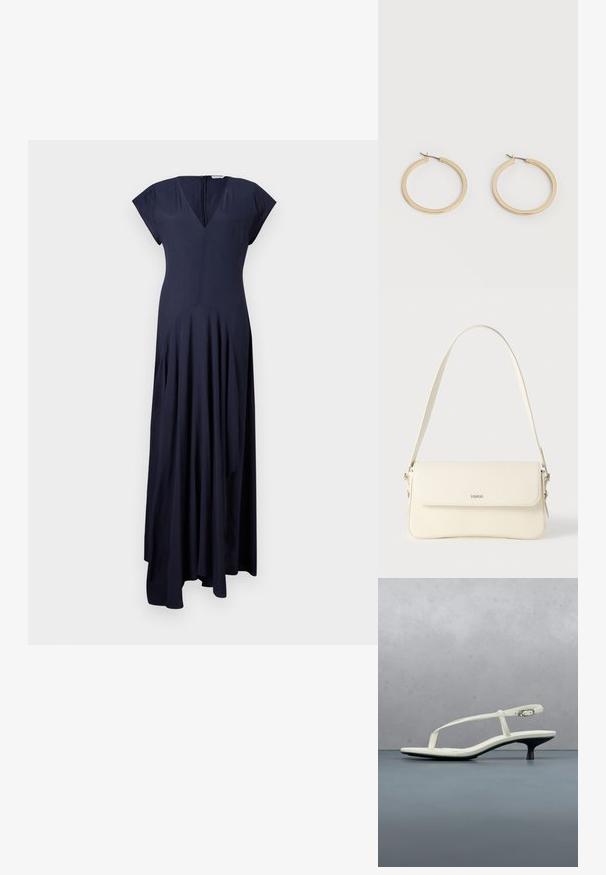 Marineblauwe, lange jurk met een V-hals en korte mouwen. Heeft geplooide details en een verborgen rits aan de achterkant. Zachte stof.; Witte sandaal met smalle bandjes en kitten heel, met een spitse neus, zwevend boven een houten tegelvloer buiten, met op de achtergrond een wazige plant en muur.; Schoudertas van crèmegekleurd leer met een klepafsluiting, zilverkleurige hardware, een enkele verstelbare riem en subtiele logodetails.; Een paar gladde goudkleurige middelgrote creooloorbellen met scharniersluitingen op een effen lichte achtergrond.