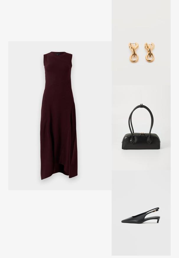 Burgunderfarbenes ärmelloses Kleid mit taillierter Oberseite, gerippter Textur und asymmetrischem Saum. Mit diagonalen Nahtdetails.; Schwarze Slingback-Pumps mit spitzer Zehe, glatter Lederoberfläche, niedrigem Kitten-Absatz und einem Riemen mit einem metallenen Schnallenakzent.; Schwarze Lederhandtasche mit zwei verlängerten Griffen, Reißverschluss und runder Form; glatte Textur mit subtiler glänzender Oberfläche.; Paar glänzende goldfarbene Creolen mit verschlungenem, verdrehtem Design auf schlichten weißem Hintergrund.