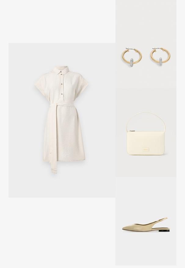 Creme, kortærmet skjortekjole med krave, knaplukning foran og taljebånd. Glat overflade og knælang længde med sidelommer.; Beige spids tå slingback flad sko med lav sort hæl og en glat læderfinish, vist fra siden på en ensfarvet baggrund.; Kremfarvet rektangulær håndtaske med en enkelt rem og lynlås øverst, med en lille præget logo-plakette foran.; Par guldtonede hoop øreringe med lille sølvfarvet loop-detalje på hver, vist mod lysegrå baggrund.