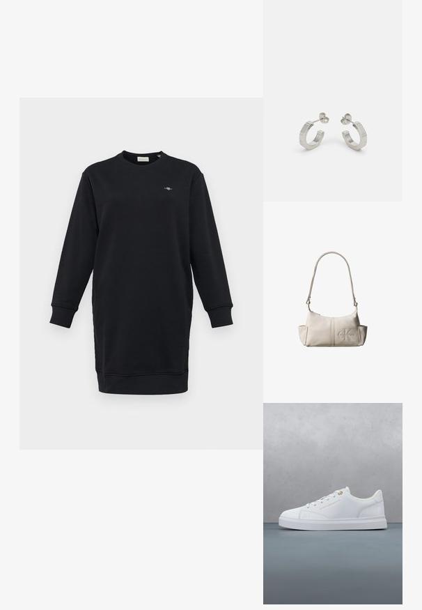 Sort sweatshirtkjole med lange ærmer, rund halsudskæring, ribbede manchetter og et lille broderet logo på brystet. Glat stoftekstur.; Hvid lavt snørestøvle med snørebånd, guld øjennål og branding, svævende over trægulv med udendørs grønt baggrund.; Lille beige læder skuldertaske med justerbar rem og præget Calvin Klein-logo foran i midten.; Sølv metal hoop øreringe med et tekstureret design, der har en lille post bagpå og branding på en af øreringene. Rund form med en poleret overflade.