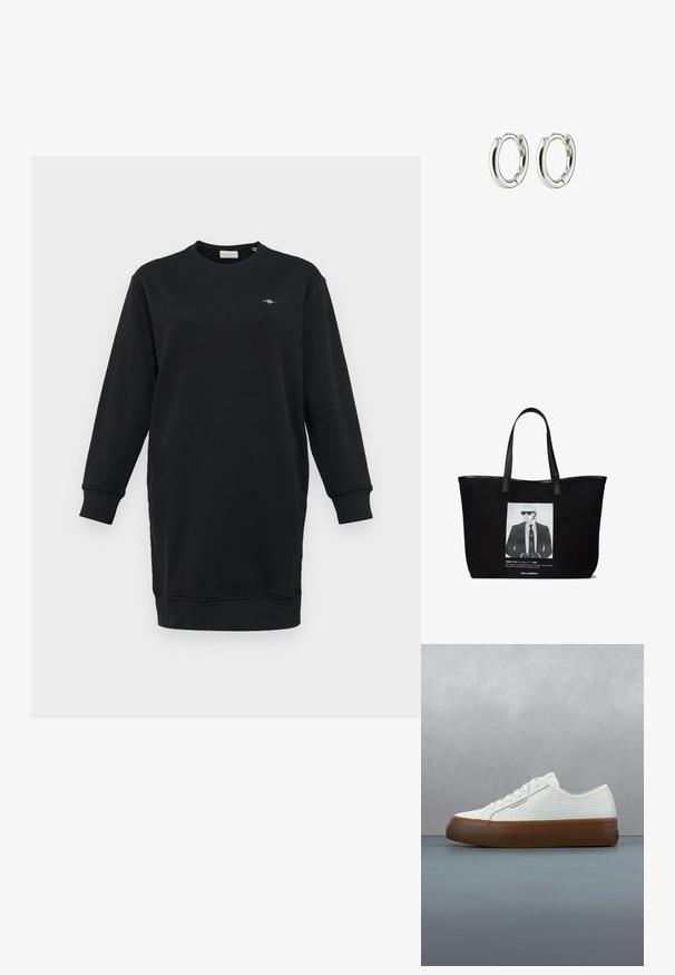 Sort sweatshirtkjole med lange ærmer, rund halsudskæring, ribbede manchetter og et lille broderet logo på brystet. Glat stoftekstur.; Hvid tekstureret Calvin Klein sneaker med brun sål, der svæver over en træflise og småsten på et udendørs område.; Sort totesæk lavet af stof, med et hvidt fotografisk tryk af en mand i solbriller, sorte læderremme og tekst under billedet.; Sølv hoops øreringe med en glat, shiny finish. Rundet form med en sikker lukning. Minimalistisk design med en subtil twist-detalje.