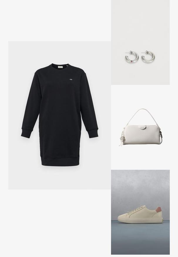 Sort sweatshirtkjole med lange ærmer, rund halsudskæring, ribbede manchetter og et lille broderet logo på brystet. Glat stoftekstur.; Sneaker i cremefarve med pink hælfanebånd, beige snørebånd og glat overdel, ophængt over et trægulv med grusfyldte fuger udendørs.; Hvid rektangulær Calvin Klein håndtaske med enkelt håndtag, minimalistisk design og dekorative kvaster med geometrisk metalvedhæng på siden.; Sølvfarvede hoops med et glat, afrundet design og en lille rød, hvid og blå stribe som accent. Sikret stud-bagside.