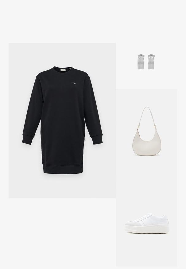 Sort sweatshirtkjole med lange ærmer, rund halsudskæring, ribbede manchetter og et lille broderet logo på brystet. Glat stoftekstur.; Hvid lav sneakers med snørelukning, tyk plateau-sål og ruskindsdekoration på tåen, vist fra siden mod en ensfarvet baggrund.; Cremefarvet læder skuldertaske med en halvmåneform, tynd rem og diskrete syninger. Minimalistisk design med hardware-accenter i guldton.; Par polerede sølv creoløreringe med glat, let buet overflade og butterfly-lås, vist på hvid baggrund.