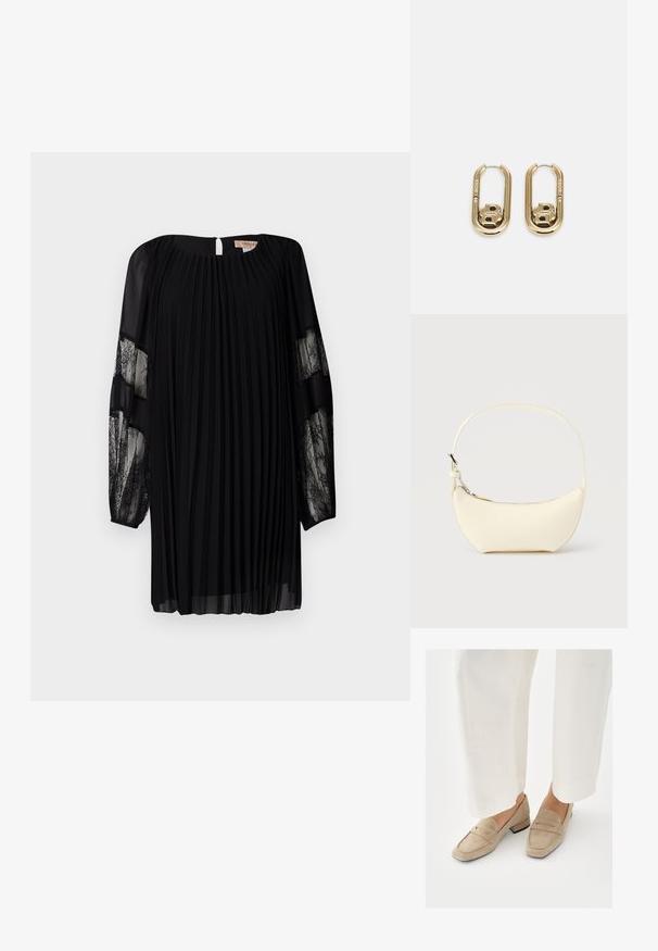 Sort plisseret kjole med lange gennemsigtige blondesleeves og en nøglehul-ryg, lavet af letvægtsstof. Har en rund halsudskæring og en afslappet pasform.; Beige ruskind loafers med lav hæl, der har et syet design og en rundet tå. Båret sammen med hvide, vidde bukser.; Lille, halvmåneformet håndtaske i cremelæder med en enkelt rem og lynlås i toppen på en ensfarvet baggrund.; BOSS DOUBLE B SWING - Øreringe - gold-coloured