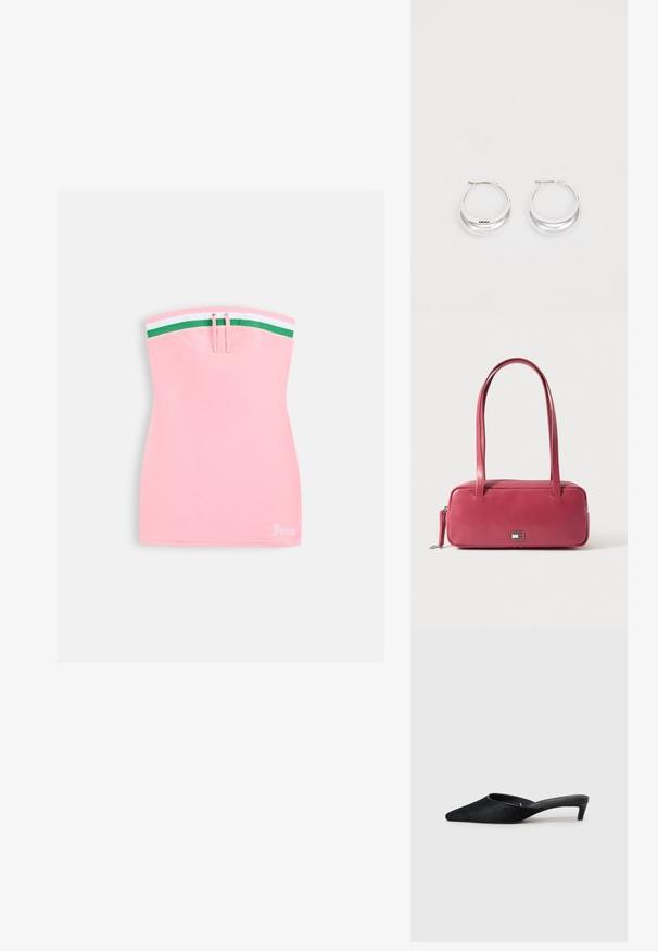 Robe mini rose bustier avec bordure rayée verte et blanche en haut, détail à cordon, et petit logo blanc "Juicy" à l'ourlet inférieur.; Mules en daim noir avec un bout pointu et un petit talon. Caractéristiques d'une texture lisse et d'un dos ouvert pour un enfilage facile. Design simple sans motifs.; Sac à main en cuir rose de forme rectangulaire, avec deux anses et un petit emblème en métal sur le devant, présentant une texture lisse et brillante.; Boucles d'oreilles en argent avec une finition polie et un branding DKNY, présentées sur un fond blanc uni.