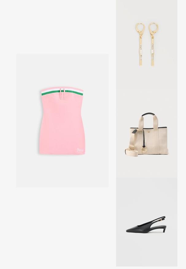Robe mini rose bustier avec bordure rayée verte et blanche en haut, détail à cordon, et petit logo blanc "Juicy" à l'ourlet inférieur.; Des escarpins à talon ouvert noirs avec un bout pointu, une texture en cuir lisse, un petit talon aiguille, et une sangle avec un accent de boucle en métal.; Sac fourre-tout beige texturé avec garniture noire, poignées courtes, bandoulière amovible et détail anneau doré sur la tirette de la poche avant.; Boucles d'oreilles goutte en or avec fermoirs à levier, comportant des barres verticales ornées de petites pierres transparentes et rectangulaires.