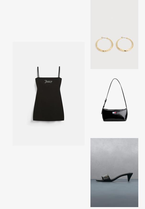 Sort udenærmet kjole med fine stropper, lavet af blødt stof. Har et sølv rhinestones "Juicy" logo på forsiden.; Sort læder åben-toe sandal med hæl og guld logo på remmen, der svæver over en flisebelagt udendørs overflade med grønne planter i baggrunden.; Sort patenteret læder skuldertaske med en buet rem, lynlåslukning og et rektangulært logo patch i rød, hvid og blå.; Par polerede guldbøjleøreringe med tynde stifter og hængslet lås, vist på en ensartet lysegrå baggrund.