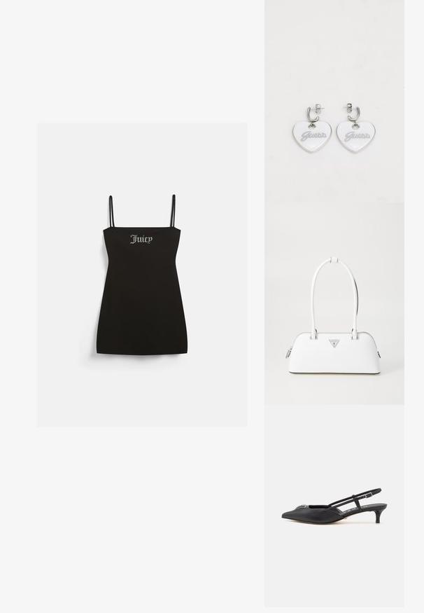 Zwarte mouwloze jurk met dunne bandjes, gemaakt van zachte stof. Heeft een zilveren strass "Juicy" logo aan de voorkant.; Zwarte slingback schoenen met een puntige neus, gemaakt van glad materiaal, met een kleine hak en een decoratieve zilverkleurige accent op de wreef.; Witte leren handtas met een gebogen vorm, voorzien van een zilveren driehoekig logo en ritssluiting. Gladde textuur en dubbele handvaten.; Hartvormige oorbellen van witte kunststof met zilveren hardware. Bevat "Guess" in grijze letters. Glad oppervlak en gepolijste afwerking.