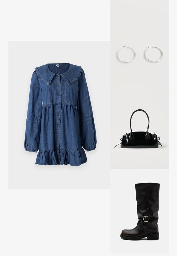 Vestido de mezclilla azul con un gran cuello, botones en la parte delantera, mangas largas, cintura fruncida y dobladillo acampanado con volantes. Textura suave y costuras detalladas.; Bota alta de piel negra con punta redondeada, tacón bajo, correa con hebilla lateral y caña ligeramente caída sobre fondo blanco.; Pequeño bolso negro brillante con dos asas largas y detalles de cordón lateral sobre un fondo claro liso.; Pendientes de aro de metal plateado con superficie lisa y ligeramente curvada y cierre de tipo mosquetón sobre un fondo blanco liso.