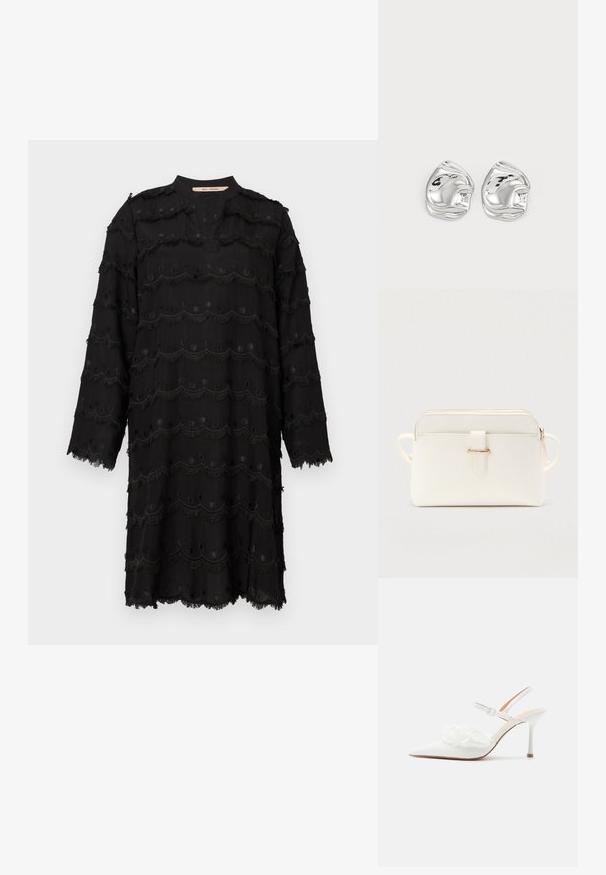 Robe noire à manches longues avec des motifs de broderie à franges et en forme de scallop, décolleté rond avec une fente à l'avant, et ourlet et poignets effilochés.; Escarpin blanc à bout pointu avec bride arrière à talon haut, bride à la cheville et ornements décoratifs en perles et dentelle à l'avant.; Sac bandoulière synthétique blanc texturé avec ferrures dorées, fermeture éclair et un accent de lanière à l'avant. Deux poignées latérales pour le transport.; Boucles d'oreilles en forme abstraite argentées avec une finition poli, présentant des courbes lisses et des contours subtils. Pas de motifs ou d'accents visibles.