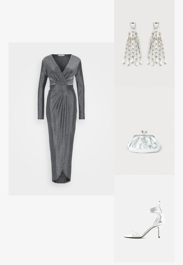 WAL G TALL LOLA GLITTER WRAP DRESS - Pidulikud riided - silver; Hõbedane kõrge kontsaga sandaal õhukeste rihmade, pahklu ümbermähise ja peene kontsaga sirgel valgel taustal.; Väike hõbedane metallist õlalõikaja ümarate, volditud detailidega ja sulguriga, millel on kaks hõbedast palli.; Hõbedatooni ripatsiga kõrvaklipsid ruudukujuliste studide, ringikujuliste pärlite ja tilgakujuliste ripatsitega ahelate küljes.