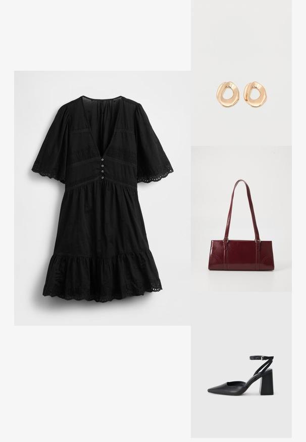 Robe noire avec des manches courtes volantées, un décolleté en V profond, des boutons décoratifs et un ourlet à volants. Présente un motif œillet et des accents de dentelle.; Escarpin noir en cuir à bout pointu avec une bride de cheville et un talon épais. Texture lisse, design élégant et esthétique minimaliste.; Sac à main bordeaux en matériau brillant, de forme rectangulaire, avec deux anses et des accents légèrement courbés à l'avant.; Paired boucles d'oreilles en métal doré poli de forme irrégulière avec un centre ouvert sur un fond blanc uni.