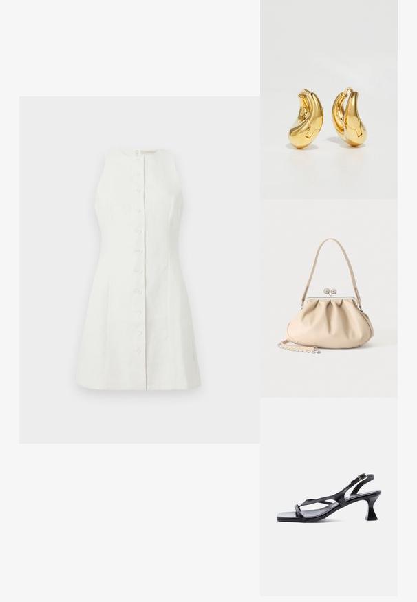 Robe blanche sans manches en lin, dotée d'un devant à boutons, d'une coupe cintrée et d'une texture subtile avec une fermeture éclair discrète à l'arrière.; Sandale femme en cuir noir avec fines lanières, bout carré, boucle de cheville réglable et talon mi-hauteur évasé.; Sac à main en cuir souple beige avec un fermoir en métal argenté, une bandoulière simple et une bandoulière chaîne optionnelle sur fond blanc.; Boucles d'oreilles en or en forme de d'anneaux lisses et courbés avec une finition polie. Équipées d'un mécanisme de fermeture et de légères indentations pour le détail.
