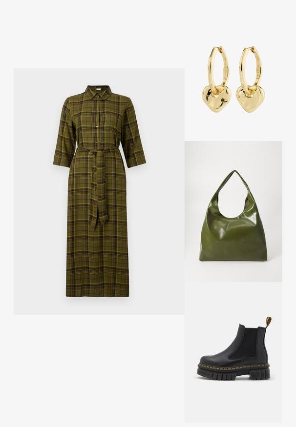 Robe midi à carreaux verts avec un col, des manches trois-quarts, une ceinture à nouer et des boutons sur le devant.; Bottine chelsea noire en cuir et élastique. Dotée d'une semelle en caoutchouc épaisse, de coutures jaunes et d'une languette à l'arrière.; Sac hobo en cuir vert au design décontracté, avec une poignée incurvée et une texture lisse. Ne contient aucun matériel ou accent visible.; Boucles d'oreilles créoles ton or, chacune avec un petit pendentif lisse en forme de cœur suspendu en bas.