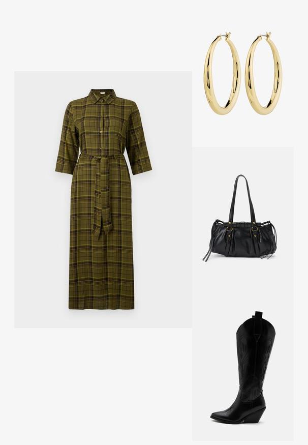 Grünes karierter Midikleid mit kragenähnlichem Ausschnitt, Drei-Viertel-Ärmeln, einem Bindegürtel und Knopfdetails an der Vorderseite.; Schwarzer Leder-Cowboystiefel mit spitzer Zehe, schrägem Blockabsatz, dekorativer Naht und Zuglaschen oben vor weißem Hintergrund.; Schwarze Lederhandtasche mit runder Form, doppelten Griffen, dekorativen Hardware-Details und seitlichen Bindebändern. Glatte, glänzende Textur.; Goldene Creolen mit einer glatten, polierten Oberfläche. Kreisform, mit einem sicheren Verschluss an der Oberseite. Die Oberfläche reflektiert das Licht.
