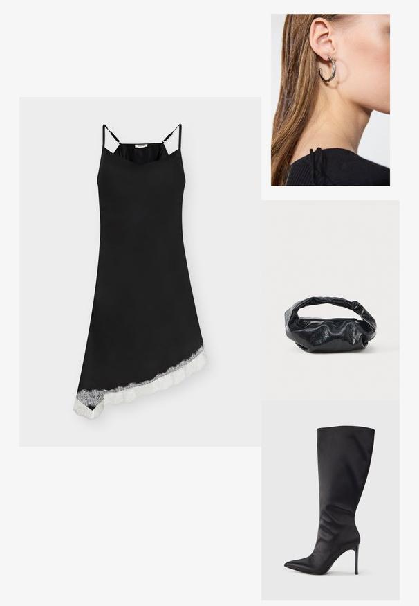 Robe nuisette noire avec fines bretelles ajustables et ourlet asymétrique bordé de dentelle blanche.; Botte noire haute jusqu'aux genoux en cuir verni lisse et élégant ; bout pointu ; ajustée avec un léger froncé près de la cheville ; talon brillant.; Sac noir en matériau texturé et brillant avec une poignée circulaire torsadée et une fermeture éclair. Présente un design doux et froissé.; Boucle d'oreille en argent avec une finition polie, présentant de petits détails en or et de forme ronde, portée sur le lobe.