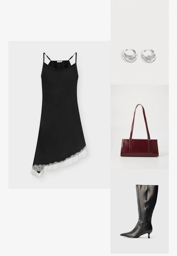 Robe nuisette noire avec fines bretelles ajustables et ourlet asymétrique bordé de dentelle blanche.; Botte en cuir noire montant jusqu'au genou, avec un bout pointu et un petit talon bas, présentée sur un fond clair uni.; Sac à main bordeaux en matériau brillant, de forme rectangulaire, avec deux anses et des accents légèrement courbés à l'avant.; Paire de boucles d'oreilles anneaux en argent poli avec un design de barre incurvée superposée sur un fond clair uni.