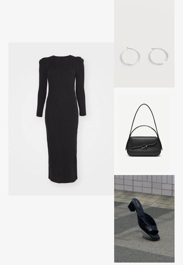 Robe maxi noire à côtes, avec des manches longues, un col rond et de légères épaules bouffantes ; fabriquée en matériau extensible pour une silhouette ajustée.; Sandale mule noire à talon avec motif crocodile, bout carré et talon bloc reposant sur un sol texturé près d’un mur carrelé.; Sac à main en cuir noir avec bords arrondis, rabat asymétrique, fermoir circulaire en métal, et des bandoulières courtes et longues.; Boucles d’oreilles créoles en métal argenté avec une surface lisse légèrement incurvée et des fermoirs à clapet sur un fond blanc uni.