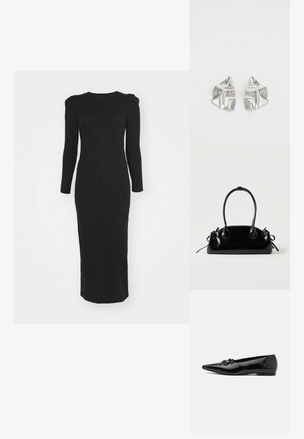 Robe maxi noire à côtes, avec des manches longues, un col rond et de légères épaules bouffantes ; fabriquée en matériau extensible pour une silhouette ajustée.; Ballerines en cuir verni noir avec un bout pointu, présentant un nœud décoratif à l'avant et un design de talon bas et élégant.; Petit sac à main noir brillant avec deux longues anses et des détails à cordon sur les côtés sur un fond clair uni.; Boucles d'oreilles en métal argenté avec un design ondulé et sculptural, présentant une finition polie et des formes irrégulières, mettant en valeur une esthétique contemporaine.