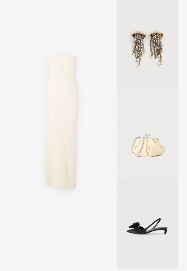 CLOSED BANDEAU DRESS - Strikkjoler - off white; Sort satin slingback-sko med spids tå, der har en dekorativ tekstureret blomstermotiveret detalje og en lav, kittenhæl.; Plisseret beige læderclutch med en sølvmetalramme, der har to runde dekorative låse og en sølvkædetrasporte.; Clip-on øreringe i guldfarve med faldende rhinstenkæder og hængende hvide perler på en hvid baggrund.