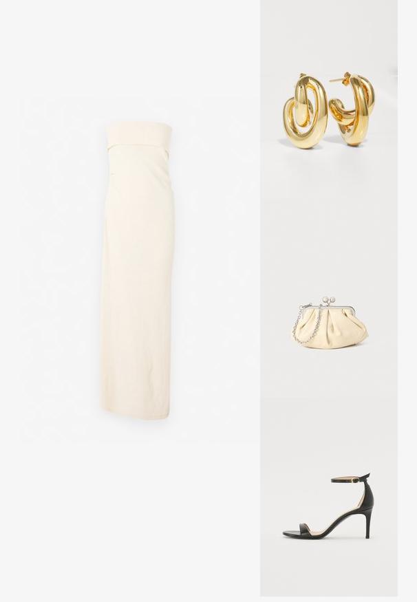 CLOSED BANDEAU DRESS - Svetríkové šaty - off white; Čierne kožené sandále na vysokom podpätku s popruhom okolo členka. Vlastnosti hladkého povrchu, otvorenej špičky a tenkého podpätku. Detail zlatého spony.; Zhlý béžový kožený klobúk so strieborným kovovým rámom, ktorý má dve okrúhle dekoratívne zámky a strieborný reťazový popruh.; Charlotte Chesnais BO INITIAL BLOW - Náušnice - gold-coloured