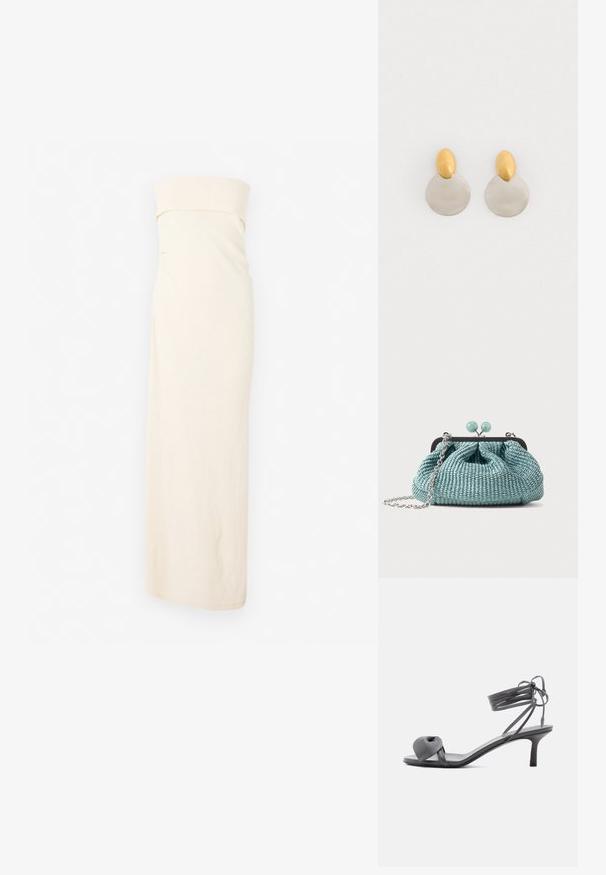 CLOSED BANDEAU DRESS - Strikkjoler - off white; Grå læder sandal med hæl, knyttet rem ved tæerne og snørebånd, der vikles om anklen, på slank mellemhøj hæl mod hvid baggrund.; Lille lyseblå vævet clutchtaske med en sølvkæde og rund lukning på toppen.; Guld- og sølvmetalløreringe med en rund skivebund og et ovalt topstykke, glat tekstur og poleret finish.