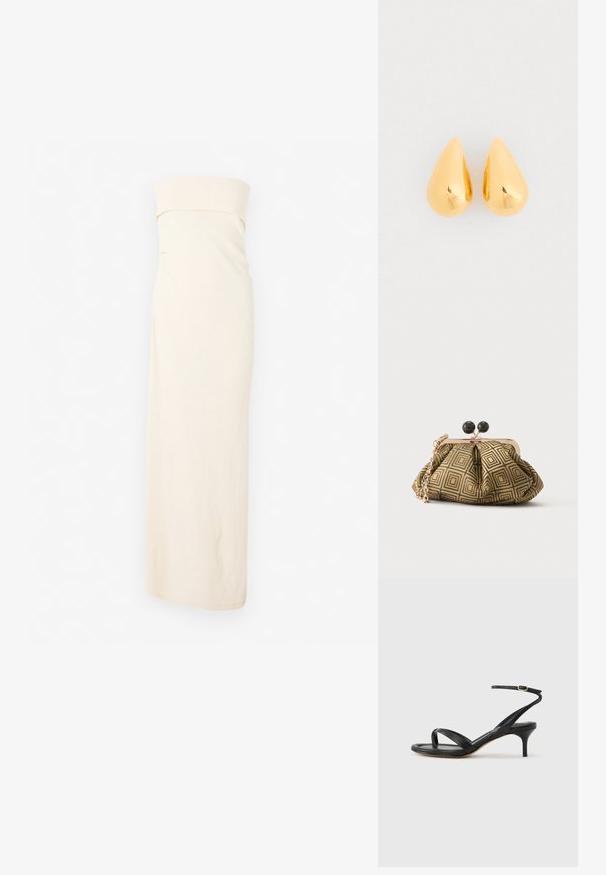 CLOSED BANDEAU DRESS - Svetríkové šaty - off white; Čierne kožené sandále pre ženy s tenkými remienkami, očkom na palec, prackou na členku a stredne vysokým ihličkovým podpätkom na neutrálom pozadí.; Malá kabelka s geometrickým zlatým a čiernym vzorom, kovovým rámom v zlatom tóne, čiernym zapínaním v tvare guličky a krátkým zlatým retiazkovým remienkom.; Zlaté náušnice vo forme slzy s hladkým, lesklým povrchom a zaoblenými spodnými časťami, odrážajúce svetlo s lesklým povrchom.