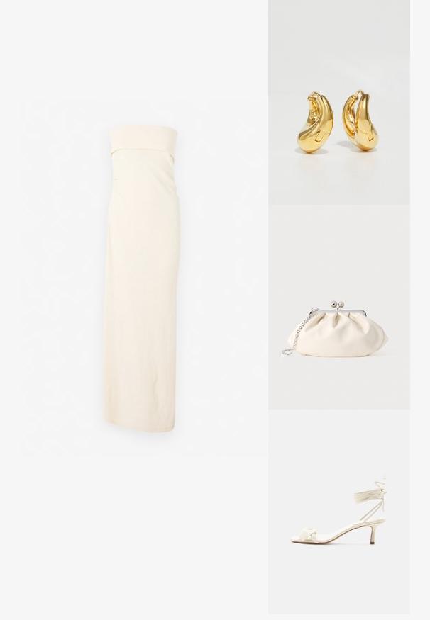CLOSED BANDEAU DRESS - Strikkjoler - off white; Kremfarvet sandal med lave hæle, bindebånd om anklen og en bred snoet rem over tæerne på en ensartet hvid baggrund.; Cremefarvet stofclutch med et rynket design, sølv metalramme, to dekorative kugler og en sølvkæde som rem.; Guldringeøreringe med en glat, buet form og poleret overflade. Udstyret med en lukkeanordning og lette fordybninger for detaljer.