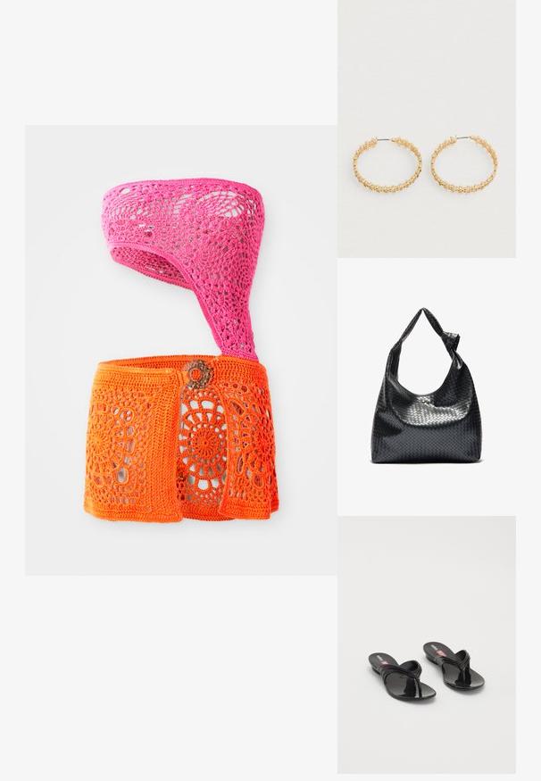 Top de ganchillo en rosa y naranja, con un diseño asimétrico que presenta patrones florales y detalles recortados. Hecho de hilo texturizado.; Melissa QUANTUM THONG X DIESEL - Sandalias de dedo - black; Bolso de cuero trenzado negro con un diseño relajado, que presenta una correa anudada y un pequeño tachuela dorada decorativa en la parte superior.; Pendientes de aro de oro con un diseño texturizado y pequeñas cuentas redondas a lo largo del borde exterior. Ligeros y con un cierre seguro.