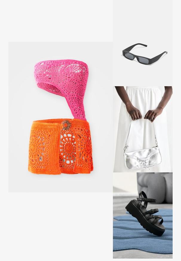 Top de ganchillo en rosa y naranja, con un diseño asimétrico que presenta patrones florales y detalles recortados. Hecho de hilo texturizado.; Sandalia de plataforma negra con tres correas ajustables con hebillas, colocada sobre una alfombra azul texturizada con fondo desenfocado.; Gafas de sol negras rectangulares con lentes oscuros y montura gruesa mate. Las varillas son ligeramente cónicas con una textura suave.; Bolso metálico plateado con detalle de cordones, que presenta un diseño elegante y una correa corta. El bolso está sostenido con las manos, mostrando su textura.