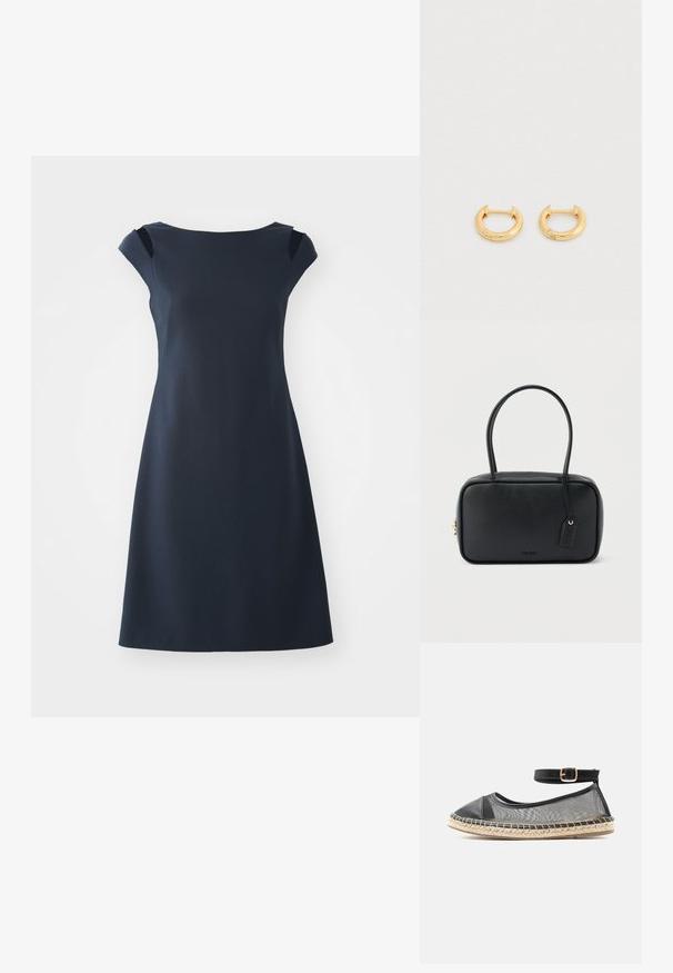 Marineblaue ärmellose Kleid mit Rundhalsausschnitt, figurbetontem Oberteil und weit ausgestelltem Rock. Glattes Gewebe mit dezentem Glanz und eleganter Silhouette.; Schwarze flache Espadrille mit transparenten Mesh-Seiten, Lederzehenkappe, Knöchelriemen, goldener Schnalle und geflochtenem Juteboden.; Schwarze rechteckige Handtasche mit doppelten, abgerundeten Griffen, goldfarbenem Reißverschluss und geprägtem „HUGO“-Logo auf der Vorderseite sowie angebrachtem Lederanhänger.; Goldene Creolen mit glatter, glänzender Oberfläche. Sie haben eine runde Form mit einer kleinen Öffnung zum Verschließen. Einfaches Design, minimalistische Akzente.